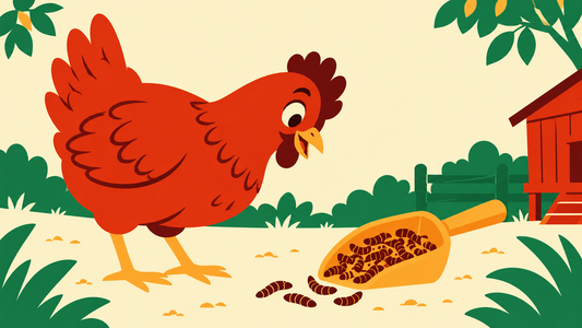 Backyard hen with a scoop of dried black soldier fly larvae