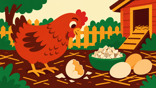 Hen beside eggs and a separate calcium bowl