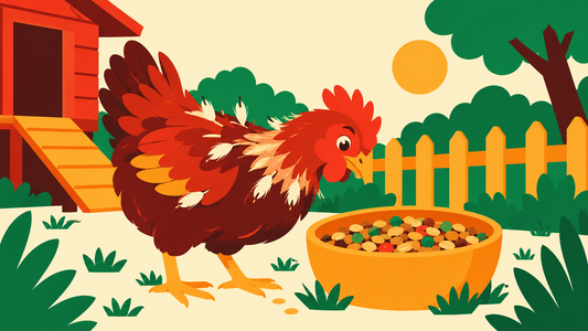 Molting hen beside a bowl of complete feed