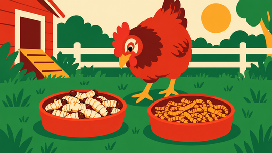 Hen considering two bowls of dried insect treats